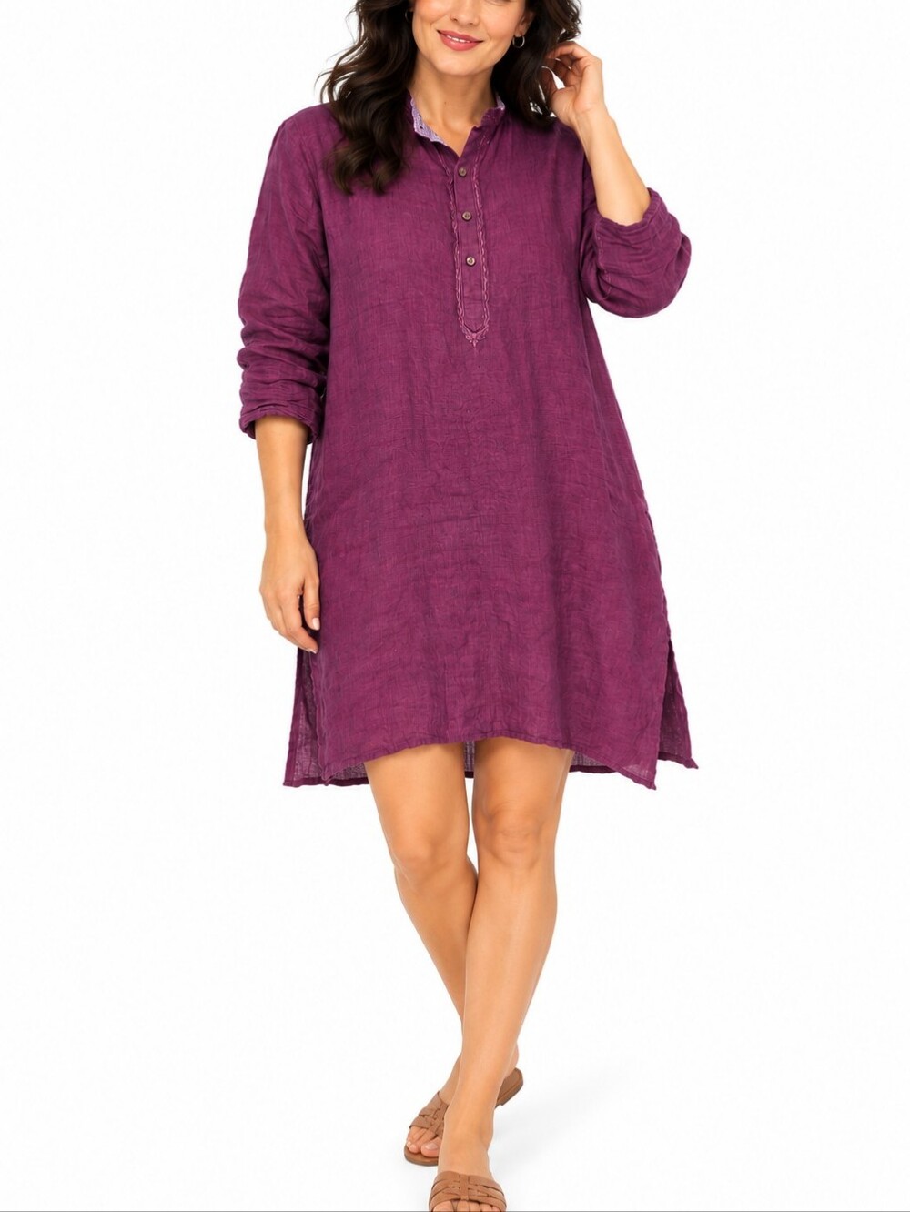Womens 100% Linen Shirt Dress Size Small Artsy Dark Academia Resort Tropical